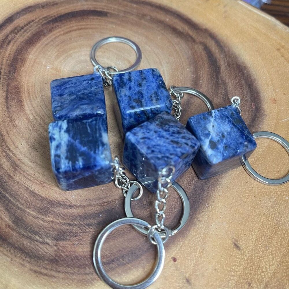 Lapis Lazuli cube keychain key ring pendant chain NEW hand crafted